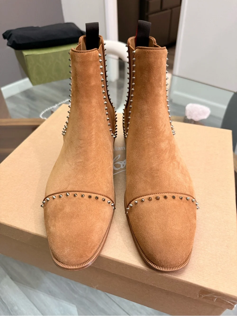 Men's Suede Chelsea Cloo Boots with Stud Detail - Tan